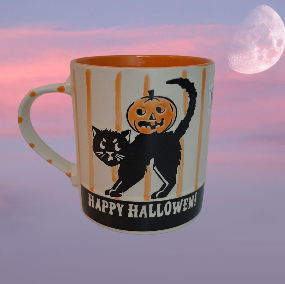 **SPECTRUM Designz Trixy Retro 18oz Halloween Black Cat Pumpkin Head Coffee Mug